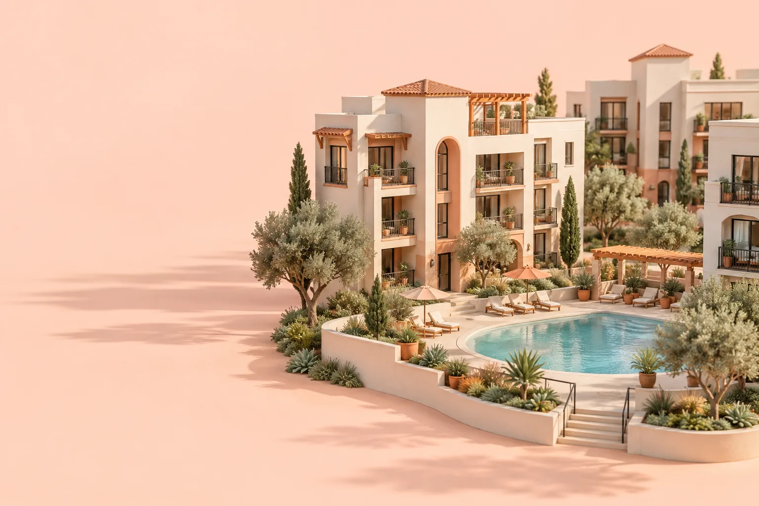 An original architectural illustration of an apartment community with a landscaped courtyard.